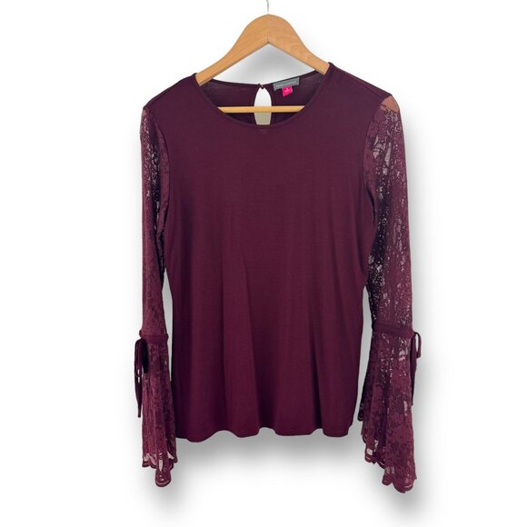 Size Small VINCE CAMUTO BURGUNDY WINE LACE BELL SLEEVE KNIT TOP Shirt Blouse - Picture 4 of 8